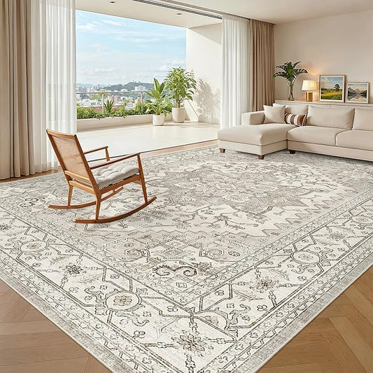 Madane 8x10 Area Rugs for Living Room, Non-Slip Washable Rug, Beige/Brown | Ultra-Thin Stain Resistant Vintage Large 8'X10' Carpet, Soft Low Pile Floor Mat For Bedroom Dining Room Office Home Decor