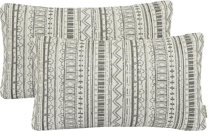 Mika Home Pack of 2 Rectangle Pillow Cases,Striped,12x20 Inches, Gray Cream | Decorative Throw Pillow Covers, Home Decoration, Bohemian Striped Geometric Pattern