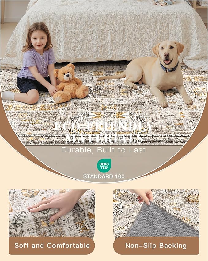 Madane 5x7 Area Rugs for Living Room, Non-Slip Washable Rug, Brown/Gold | Ultra-Thin Stain Resistant Vintage Large 5'X7' Carpet, Soft Low Pile Floor Mat For Bedroom Dining Room Office Home Decor