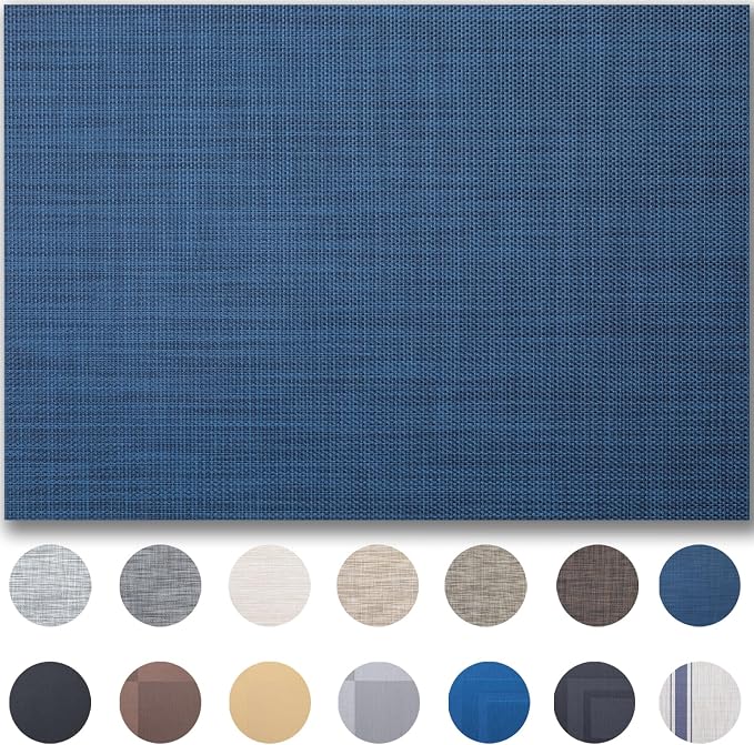 Placemats Set of 12 - Easy Clean Woven Vinyl Placemats for Dining Table, Indoor/Outdoor Place Mats, Washable PVC Table Mats（Navy Blue）