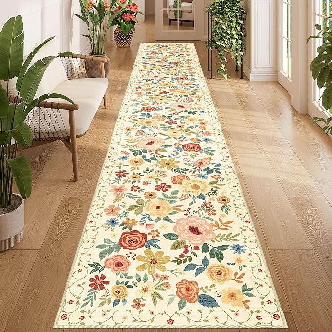 DUKINO 2x12 Washable Runner Rug, Non Slip Long Kitchen Rugs, Beige Yellow | Floral, Low Pile, Soft Indoor Rug Runner for Hallway, Entryway, Bedroom, Bathroom, Laundry, Pet Friendly, Modern Home Decor