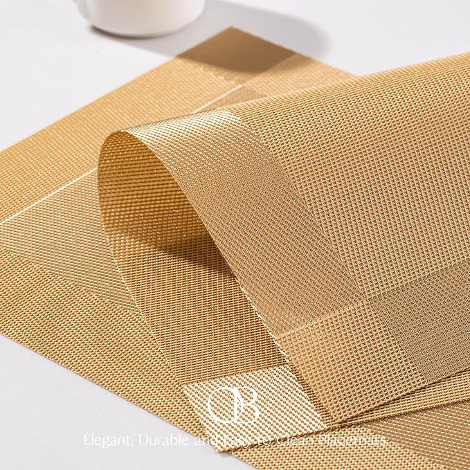Placemats Set of 6 - Easy Clean Woven Vinyl Placemats for Dining Table, Indoor/Outdoor Place Mats, Washable PVC Table Mats（Gold Cube）