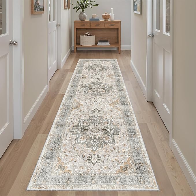 Madane Hallway Runner Rug 2x8 Washable Kitchen Rugs Soft, Light Taupe Brown | Vintage Machine Washable Low-Pile Floor Carpet 8ft, Non-Slip Thin Throw Entry Foyer Mat for Entrance Laundry Living Room