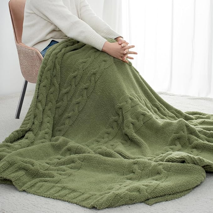 Chunky Knit Blanket Super Soft Cable Fluffy Microfiber Cozy Warm Winter Blankets for Couch Sofa Bed Twin Size 60"X80" Olive Green