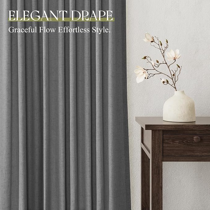 Jowels Dark Grey Linen Curtains 90 Inch Long 2 Panels for Living Room | Light Filtering Semi Sheer Curtain, Back Tab Pocket Pleated Look, Boho Farmhouse Textured Privacy Drapes for Bedroom Window