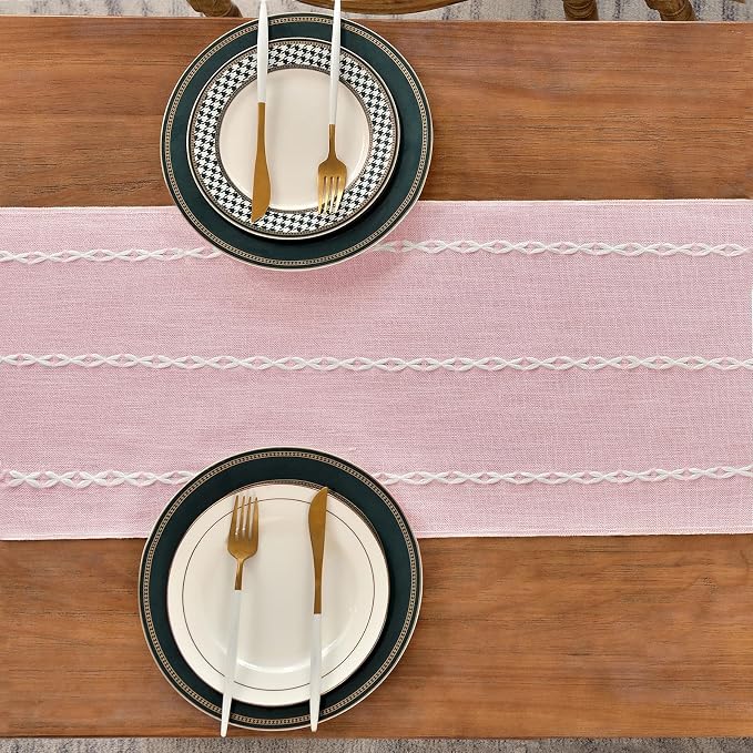 Wracra Rustic Linen Table Runner, Pink Table Runners 72 inches Long | Raised Embroidered Design and Hand-Tassels;Cotton Linen Woven Fabric; Farmhouse Table Runner;Home Kitchen Dining Decor