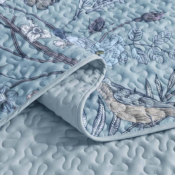 Litanika Floral Light Blue Quilt Set - 3Pcs Botanical Birds Pattren Bed | Super King Bedspread Summer Lightweight Soft Coverlet with White Flower for All Seasons (120"x120")