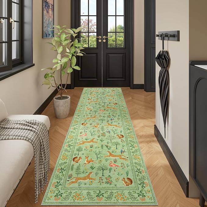 DUKINO 2.6x8 Rug for Hallway, Washable Kitchen Rugs Non Slip, Light Green | Low Pile, Stain Resistant, Soft Animal Indoor Carpet Runner for Entryway, Bedroom, Bathroom, Laundry, Lightweight, Home Decor