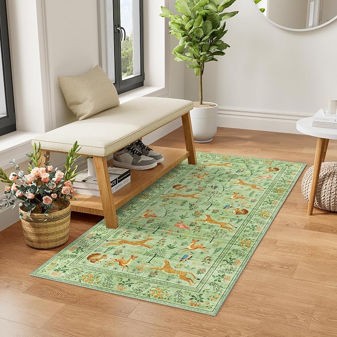 DUKINO 2x5 Rug for Hallway, Washable Animal Runner Rug Non Slip Light Green | Low Pile, Stain Resistant, Soft Indoor Carpet Runner for Kitchen, Entryway, Bedroom, Bathroom, Pet Friendly, Lightweight