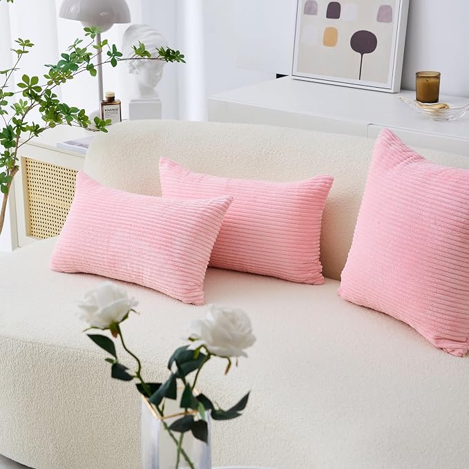 Home Brilliant Pink Euro Sham Covers for Couch Super Soft Striped Velvet Pillow Covers 24x24 Pillow Cases for Party, Set of 2, 60cm, Pink