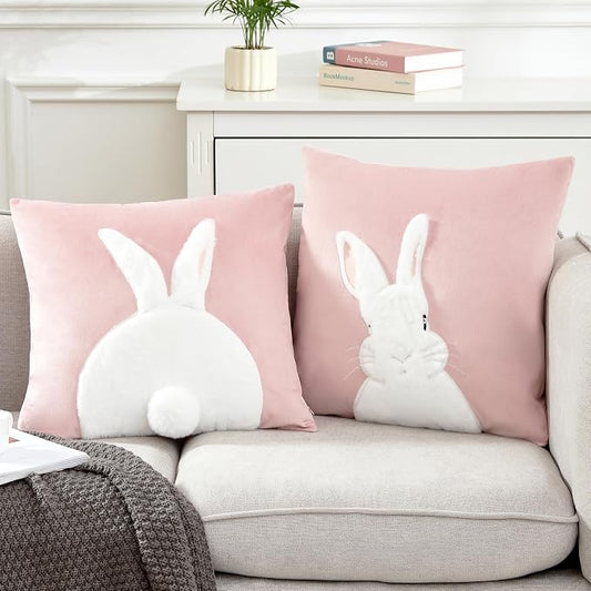 Pack of 2 Spring Easter Pillow Covers 18x18 Inch,3D Embroidered Bunny Rabbit Throw Pillowcase Velvet Easter Decorative Throw Covers Cushion Cover (Pink-2PCS)
