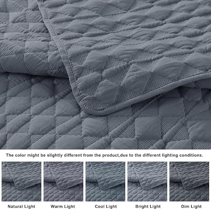 WDCOZY Blue Quilt King Size Bedding Sets with 2 Pillow Shams, Lightweight Soft Bedspread Coverlet, Quilted Blanket Thin Comforter Bed Cover for All Season, 3 Pieces, 104x90 inches