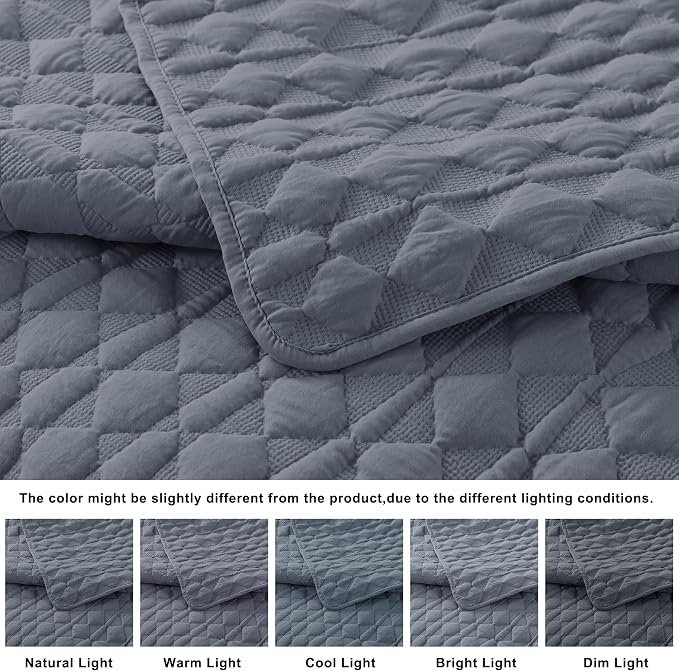 WDCOZY Blue Quilts Queen Size Bedding Sets with 2 Pillow Shams, Lightweight Soft Bedspread Coverlet, Quilted Blanket Thin Comforter Bed Cover for All Season, 3 Pieces, 90x90 inches