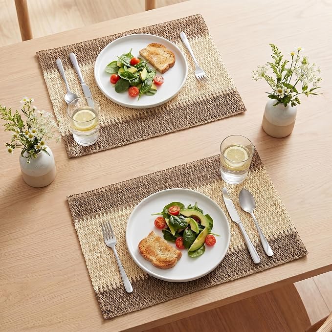 Artoid Mode Brown Paper Woven Farmhouse Stripe Placemats Set of 4,12x18 Inch Seasonal Holiday Table Mats Party Kitchen Dining Decoration