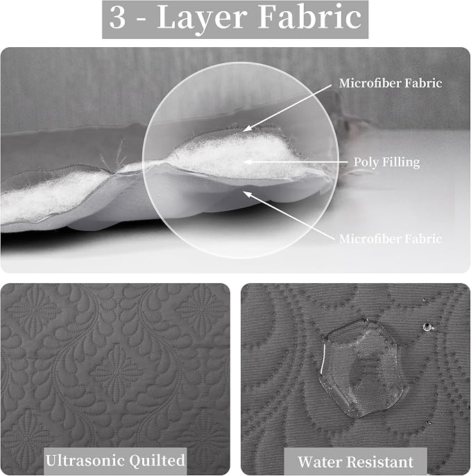 Easy-Going Reversible Quilt Set King, Bedspread with 2 Shams | Olive leaf-Gray/Light Gray, Lightweight Microfiber Bed Comforter, 1 Quilt + 2 Pillow Shams, All-Season Coverlets for Bedroom
