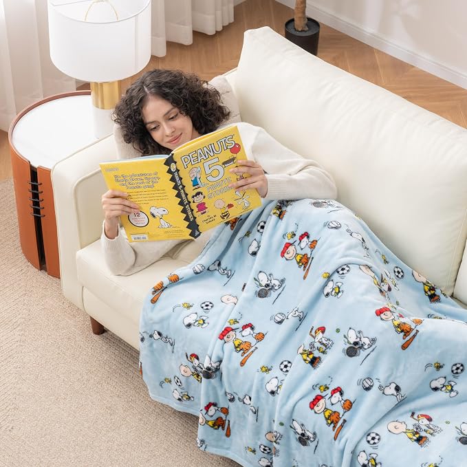 Berkshire Blanket Peanuts® VelvetLoft® Cute Character Snoopy Plush Throw Blanket,Snoopy the Athlete Closed in Blue,Throw 55 in x 70 in (Official Peanuts® Product)