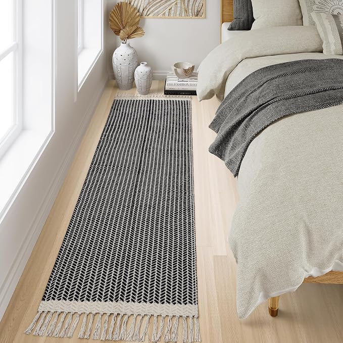 Lahome Boho Bathroom Runner Rug, 2x7 Washable Hallway Runners Black | Woven Cotton Runners with Tassels, Farmhouse Indoor Door Mats, Low Pile Lightweight Carpet for Laundry Room Entryway Decor