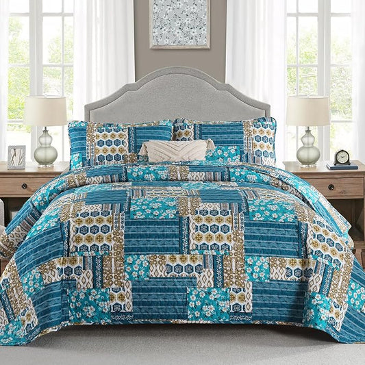 Mybedsoul Boho Quilts Queen Size, Floral Patchwork Bedding Set, Dusty Blue | Soft Lightweight Microfiber Coverlet Set, 3 Pieces Plaid Reversible Bedspread, Bed Sets for All Seasons 96"x90"