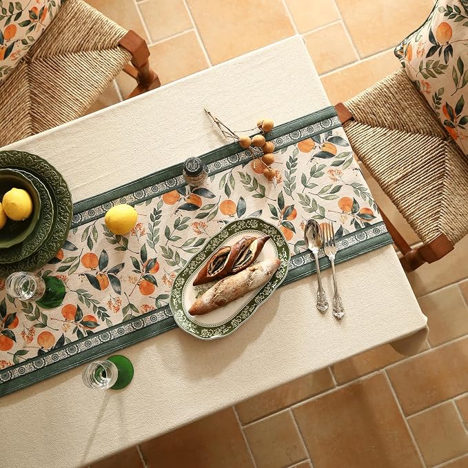 Patdrea Designer Vintage French Linen Table Runner,12"X102"-Palladin A | Tablerunner 102 Inches Long,Orange Floral Pattern,Thanksgiving Dining Table Decor for Living Room Banquet,Tassel Edge