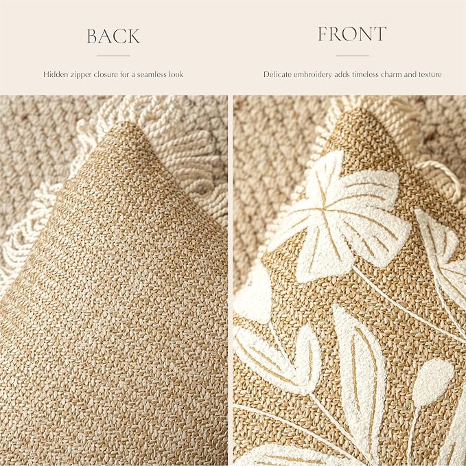 BlissBlush Throw Pillow Cover 20x20 Inch Indoor Outdoor, Jute-Look Floral Tufted Decorative Accent Pillow Case for Patio Sofa Couch Living Room, Cover Only