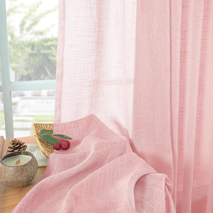 YoungsTex Light Pink Linen Kitchen Curtains 40 Inches Long, Short Semi Sheer Drapes Light Filtering with Rod Pocket Back Tab Lightweight for Cafe Bathroom Window, 2 Panels, 34 X 40 Inch