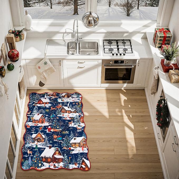 Wonnitar Christmas 2x3 Entryway Rug, Non Slip Washable Small Kitchen Rug, Low Pile Soft Christmas Village Door Mat Indoor Entrance, Xmas Throw Rug for Bathroom Bedside Holiday Decor (Blue,2'x3')