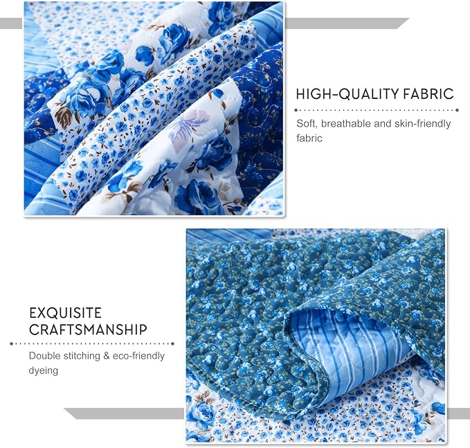 Travan Bedspread Quilt Sets 3-Piece Lightweight Coverlet Set with Shams Reversible Quilted Bedding Set, Blue Floral Patchwork, Queen Size
