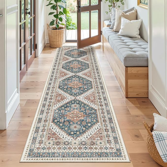 Madane Hallway Runner Rug 2x8 Washable Kitchen Rugs Non-Slip, Navy Blue | Vintage Machine Washable Low-Pile Floor Carpet 8ft, Soft Ultra-Thin Throw Entry Foyer Mat for Entrance Laundry Living Room