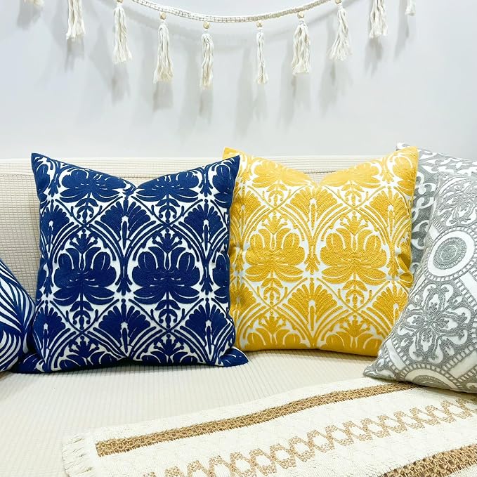 Slow Cow Yellow Canvas Embroidery Decorative Throw Pillow Cover Cushion Cover for Couch Sofa 18 x 18 Inches