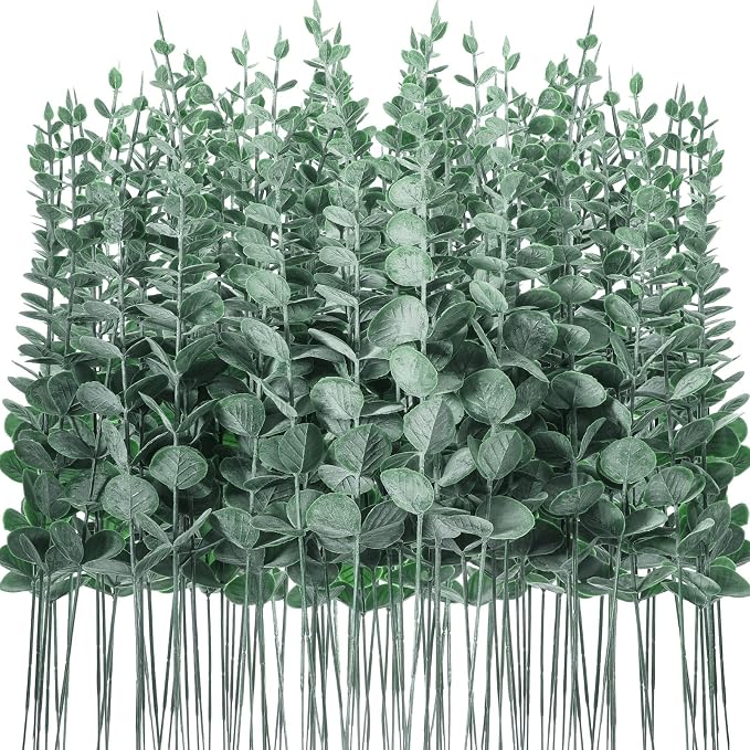 Canlierr 100 Pcs Faux Eucalyptus Stems Greenery Leaves Branch,Dark Green | Artificial Greenery for Wedding Centerpiece, Bouquet, Farmhouse Home Decor, Realistic Foliage, Vase Arrangements