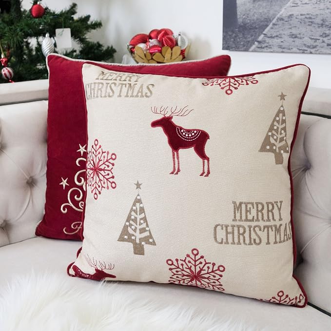 Embroidery Velvet Throw Pillow Cover, Merry Christmas Series Reindeer Tree Luxury Soft Fuzzy Cozy Warm Slik Decorative Gift Square Couch Cushion Pillow Case 20 x 20 Inch, Cover Only