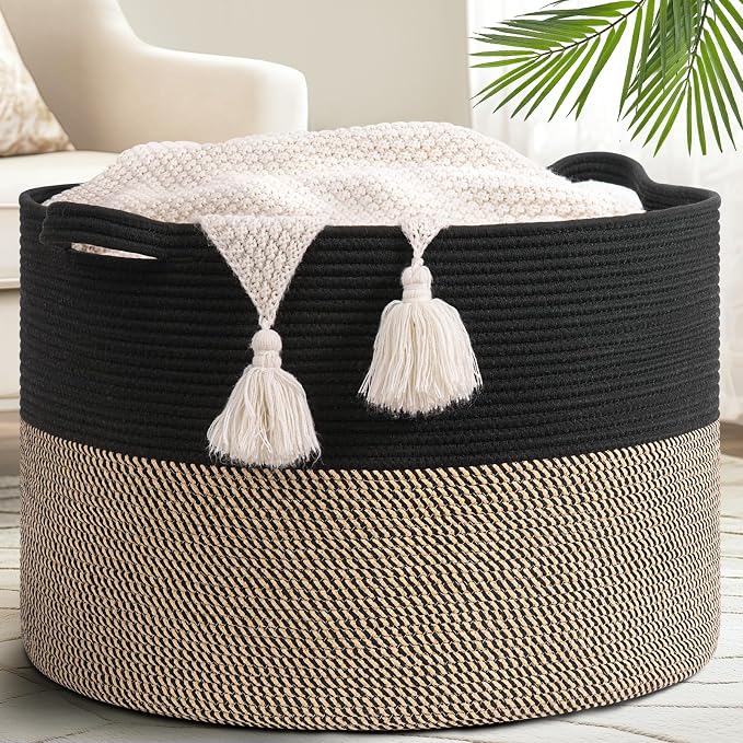 Goodpick 115L Extra Large Storage Basket for Blankets Toys for Nusery Room | 23.5 x 23.5 x 15.8 In Woven Basket for Storage, Kids Toy Storage for Playroom, Laundry Basket for Towels, Black & Mix Jute
