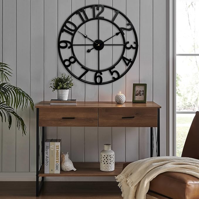 CLXEAST Silent 24 Inch Wall Clocks for Living Room Decor,Arabic Numeral | Non Ticking, Matt Black,Thicker Metal Wall Clock for Dinning Room,Entryway,Home Office & Fireplace Decor