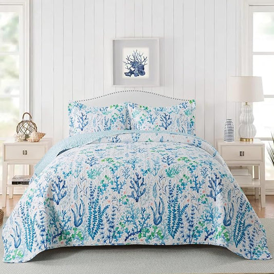NEWLAKE Quilt Bedspread Sets - West Coastal Pattern Reversible Coverlet Set, King Size