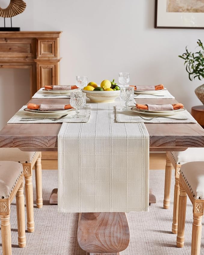 ZeeMart Linen Checked Farmhouse Table Runner, 13x90 Inches Ivory | Raised Grid Design, Rich Woven Texture, Linen Blend Table Runners 90 Inches Long, Machine Washable, Boho Home Kitchen Decor