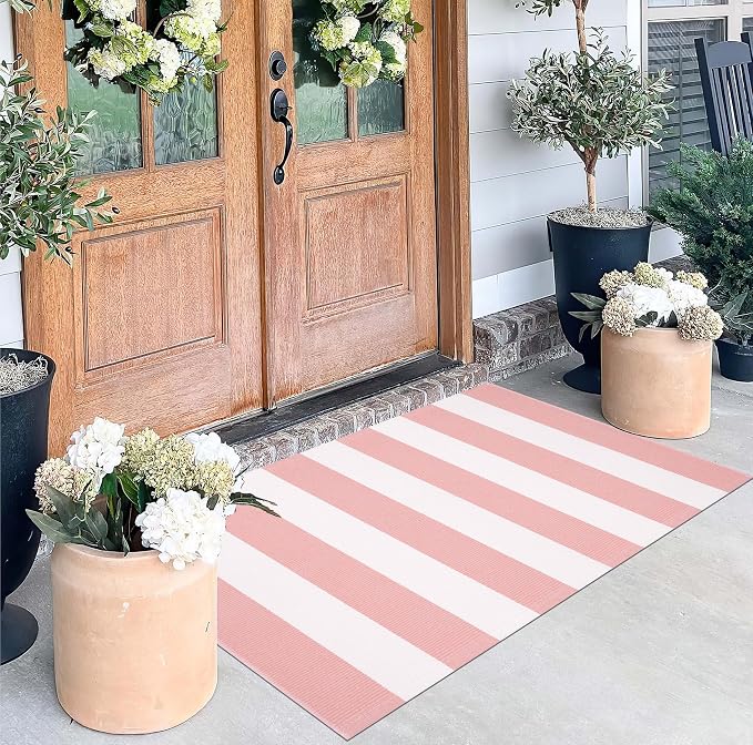 Pink White Striped Rug -2.3'x3.6' Front Door Rugs Outdoor, Small Washable Area Rug for Front Porch, Spring Summer Welcome Mats Outdoor Indoor, Doormat for Entryway Porch Entrance