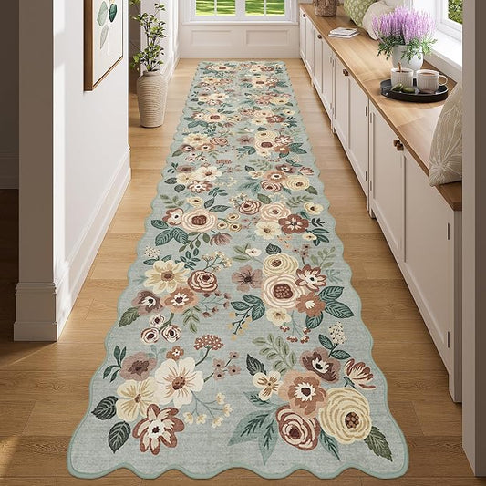 DUKINO 2x8 Washable Runner Rug, Floral Non Slip Kitchen Rugs, Sage Green | Low Pile, Soft Throw Rug Runner for Hallway, Entryway, Bedroom, Bathroom, Pet Friendly, Stain Resistant, Home Decor