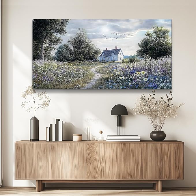KELIYUAN Canvas Wall Art For Living Room Bedroom Wall Decor For Office Farmhouse Mural Retro Pastoral Flower Sea Landscape Painting Room Hallway Prints Artwork Picture Wall Decoration 20x40 Inches