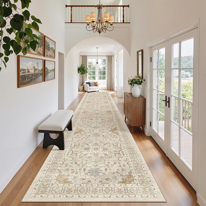 Madane Hallway Runner Rug 2'6''x16' Kitchen Runners Vintage, Beige/Blue | Long Non-Slip Washable Rugs 16ft for Entryway Laundry and Bedroom, Soft Low Pile Stain-Resistant 2.5x16 Ft Floor Carpet