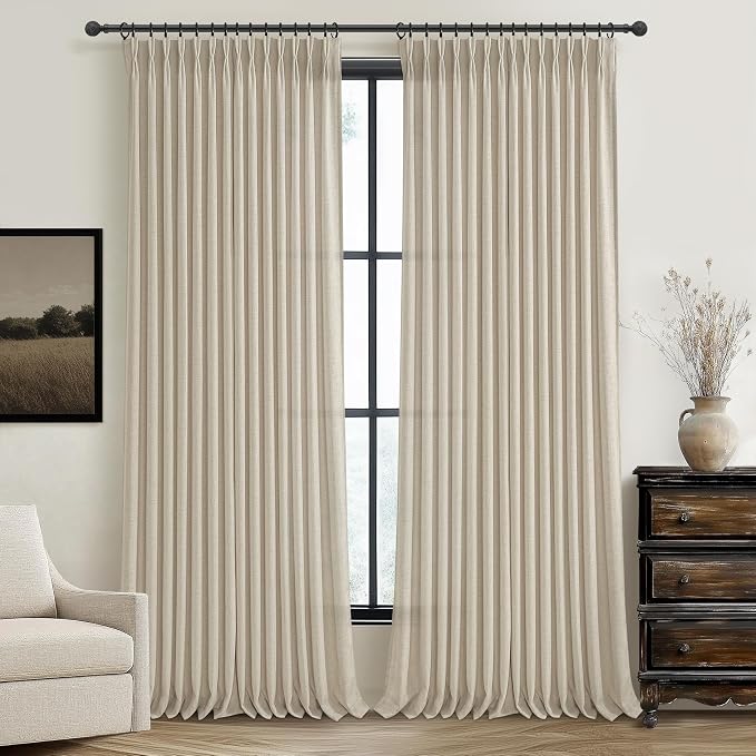 70 Inch Extra Wide Warm Beige Floor Length Curtains 102 Inches Long for Living Room, Memory Trained Pinch Pleated Light Filtering Linen Blend Semi Sheer Farmhouse Windows Curtain W70 x L102 x 2 Panels