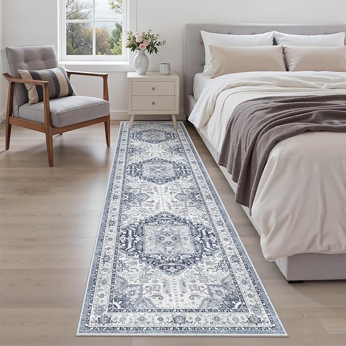 Madane Hallway Runner Rug 2x8 Washable Kitchen Rugs Non-Slip, Navy/White | Vintage Machine Washable Low-Pile Floor Carpet 8ft, Soft Ultra-Thin Throw Entry Foyer Mat for Entrance Laundry Living Room