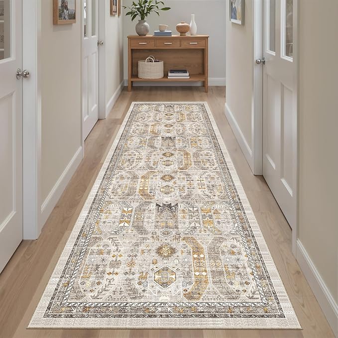 Madane Kitchen Runner 2'6''x8' Soft Rug Runners for Hallways, Brown/Gold | Vintage Machine Washable Rugs 2.5x8 Ft, Non-Slip Low Pile Stain-Resistant 8ft Floor Carpet for Laundry Room, Corridor