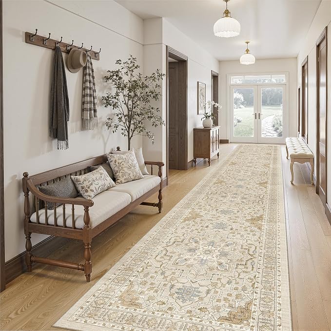 Madane Hallway Runner Rug 2'6''x14' Kitchen Runners Vintage, Beige/Blue | Long Non-Slip Washable Rugs 14ft for Entryway Laundry and Bedroom, Soft Low Pile Stain-Resistant 2.5x14 Ft Floor Carpet