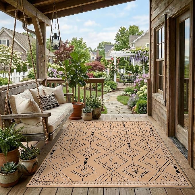 jinchan 5x7 Faux Jute Area Rug Washable Moroccan Living Room Rug Warm Taupe | Neutral Boho Geometric, Non-Slip, Low Pile, Indoor Outdoor, Natural Fiber Look, Dining Room, Deck, Backyard, Bedroom, Patio