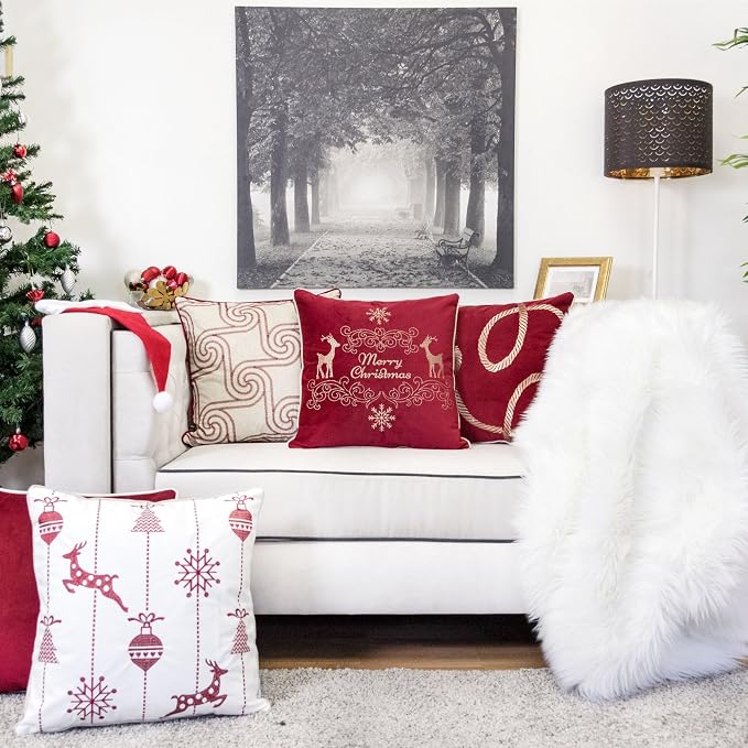 Embroidery Linen Throw Pillow Cover, Merry Christmas Series Holiday Flow Luxury Soft Fuzzy Cozy Warm Slik Gift Square Couch Cushion Pillow Case 20 x 20 Inch, Cover Only