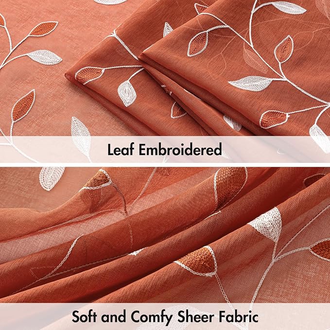 MIULEE Burnt Orange Sheer Fall Curtains 2 Panels Leaf Patterned, W52 x L54 | Embroidered Floral Semi Sheer,Rod Pocket,Faux Linen,Short Window Curtains Drapes Set for Kitchen/Bathroom/Cafe