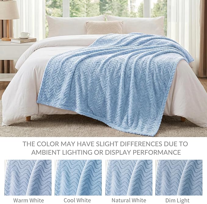Exclusivo Mezcla Large Fleece Throw Blanket for Couch, Sofa, Light Blue | 50"x70" Soft Breathable Lightweight Flannel Throws for Summer, Plush Cozy Jacquard Wave Blanket for Home Decor