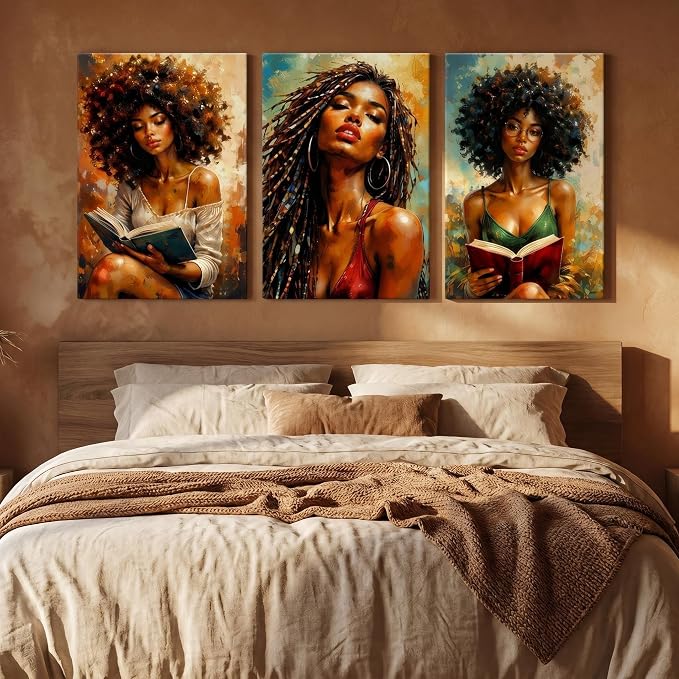 African American Women Canvas Wall Art, Boho Floral Black Girl Painting3Pcs | Modern African wall art: boho black woman reading, framed canvas for living room, office, bedroom, 16x24in