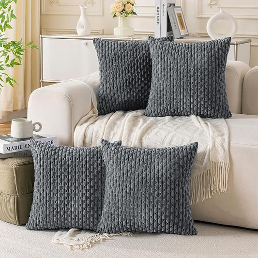 Set of 4 Medium Grey Decorative Throw Pillow Covers 16x16 Inch Corduroy Pillow Covers for Bed Couch Sofa Living Room Soft Square Cushion Cases