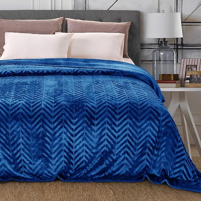 Whale Flotilla Flannel Fleece Bed Blanket Queen Size, Royal Blue | Lightweight Breathable Soft Bedspread, Plush Fluffy Coverlet Chevron Design Decorative Blanket for All Season, 90x90 Inch